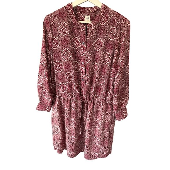 Gap Red Paisley Midi Dress S Drawstring Waist Long Sleeve Lightweight Casual - Picture 2 of 8
